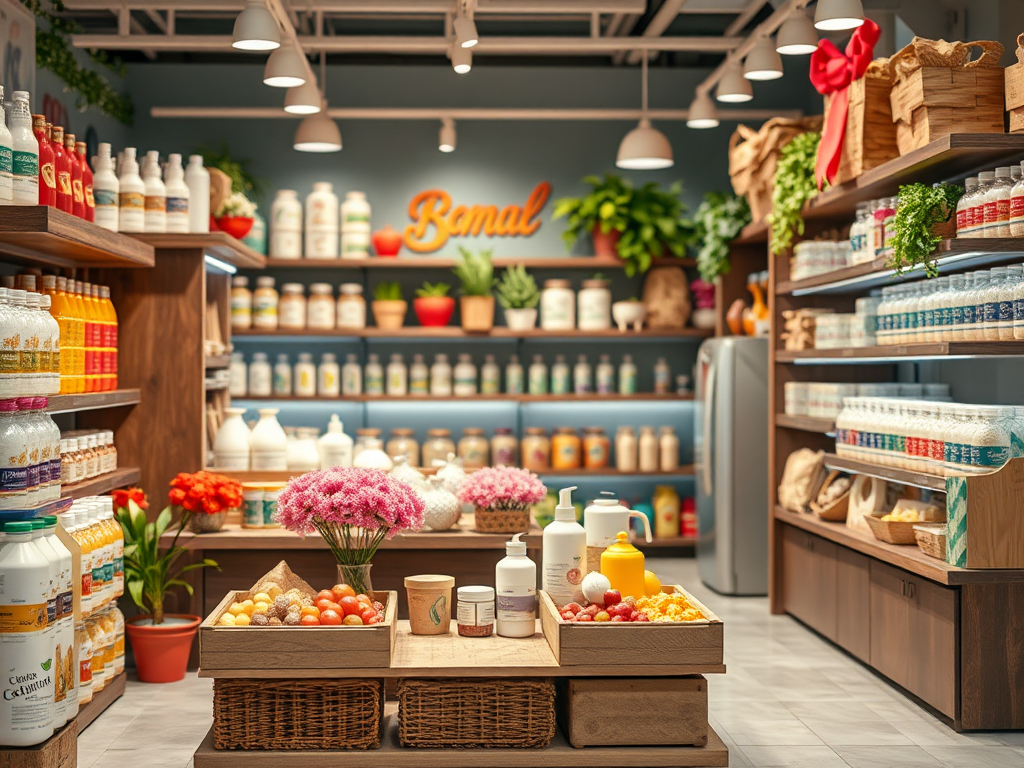В магазине с полками, заполненными косметикой и продуктами, расположен центральный стол с фруктами и цветами.