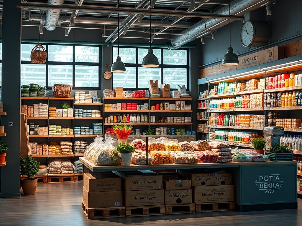 Магазин с яркими полками, заполненными продуктами, свежими овощами и фруктами, уютная атмосфера.