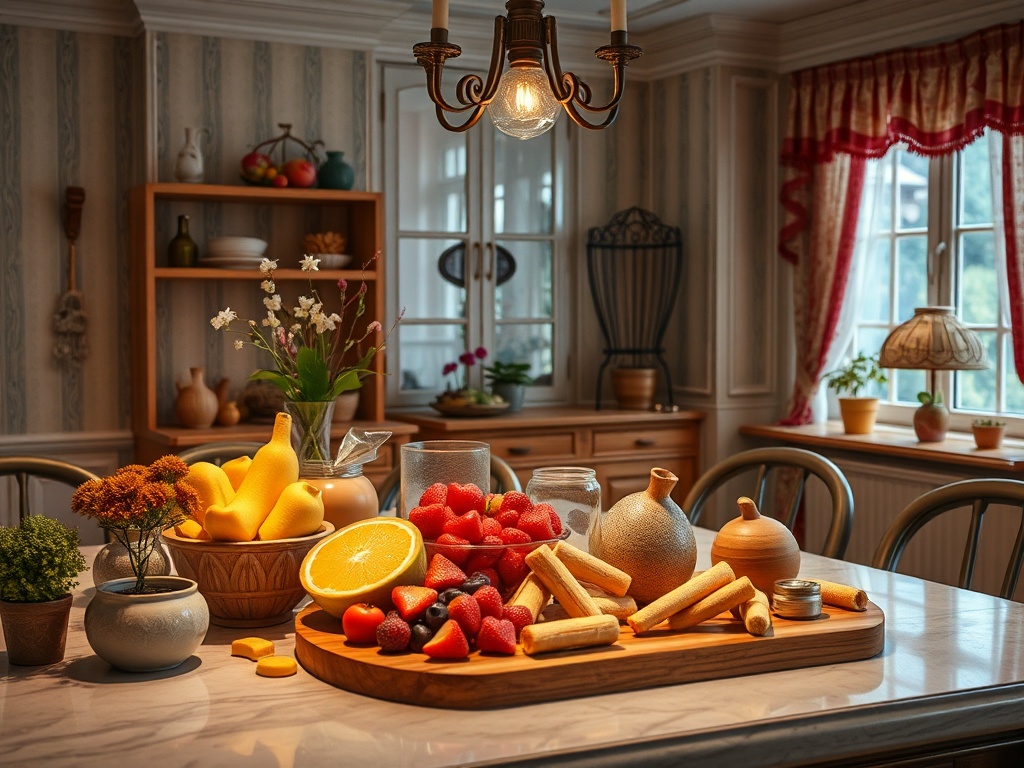 Уютная кухня с фруктами, сладостями и цветами на столе, окруженная светлым интерьером и окнами.
