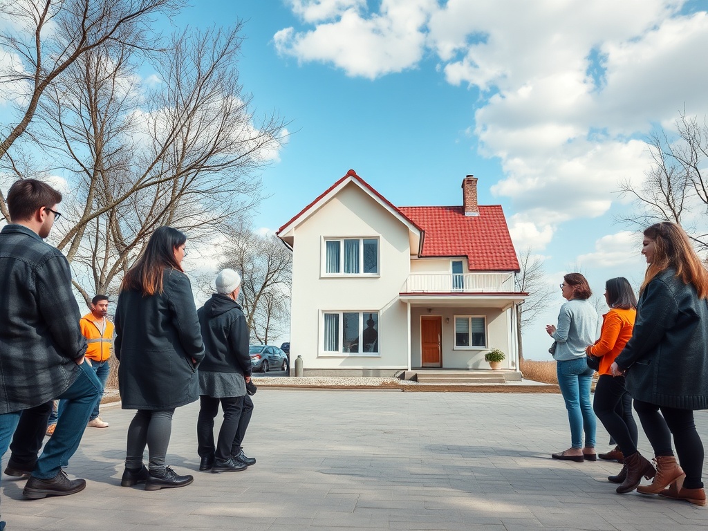 Группа людей рассматривает дом с красной крышей под облачным небом. На улице весной.