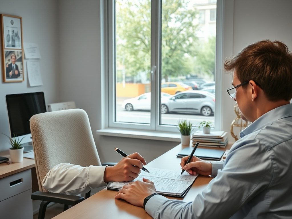 Два человека в офисе обсуждают документы, один из них что-то записывает. Вид из окна на улицу.