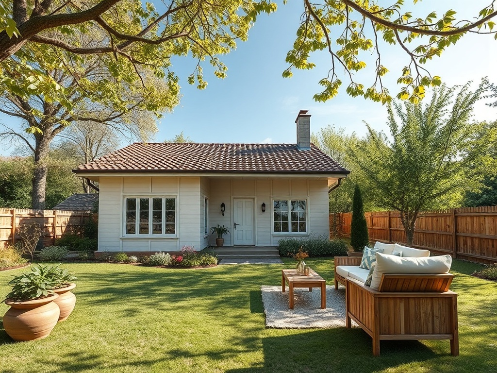 Очаровательный загородный дом с садом и террасой, окруженный зеленью и цветами в солнечный день.