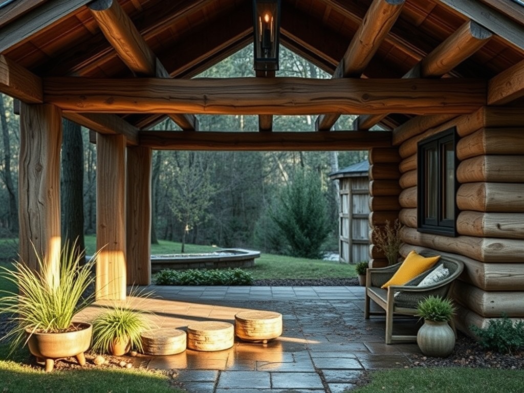 Уютная терраса с деревянными колоннами, природой вокруг и цветами в горшках. Солнечный свет наполняет пространство.