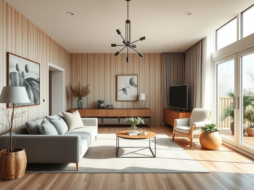 Современная гостиная с светлыми стенами, уютной мебелью и большими окнами, наполненная естественным светом.