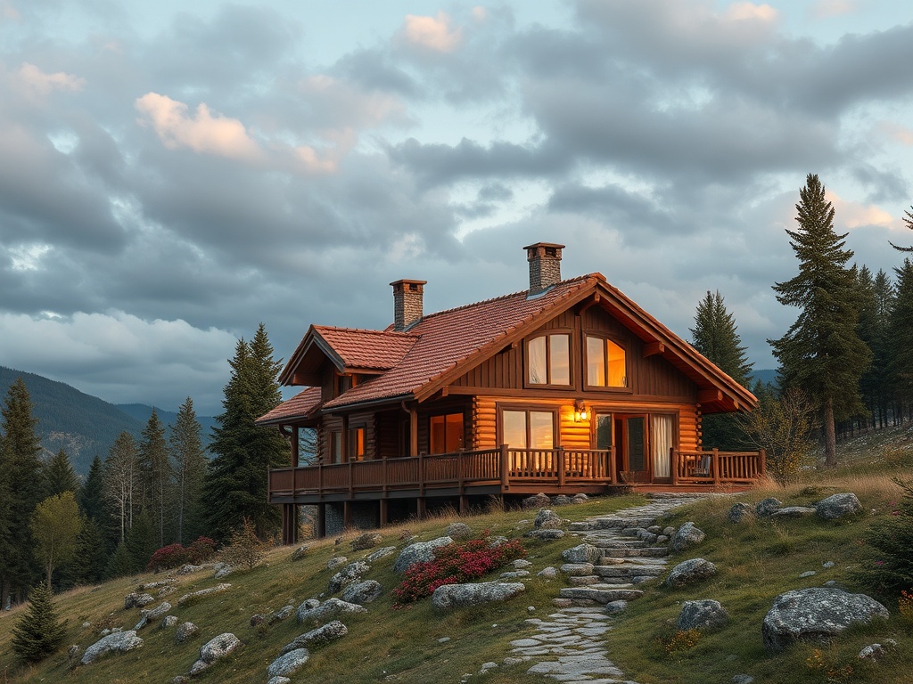 Деревянный дом на склоне холма, окружённый соснами и камнями, с теплым светом в окнах на фоне облачного неба.