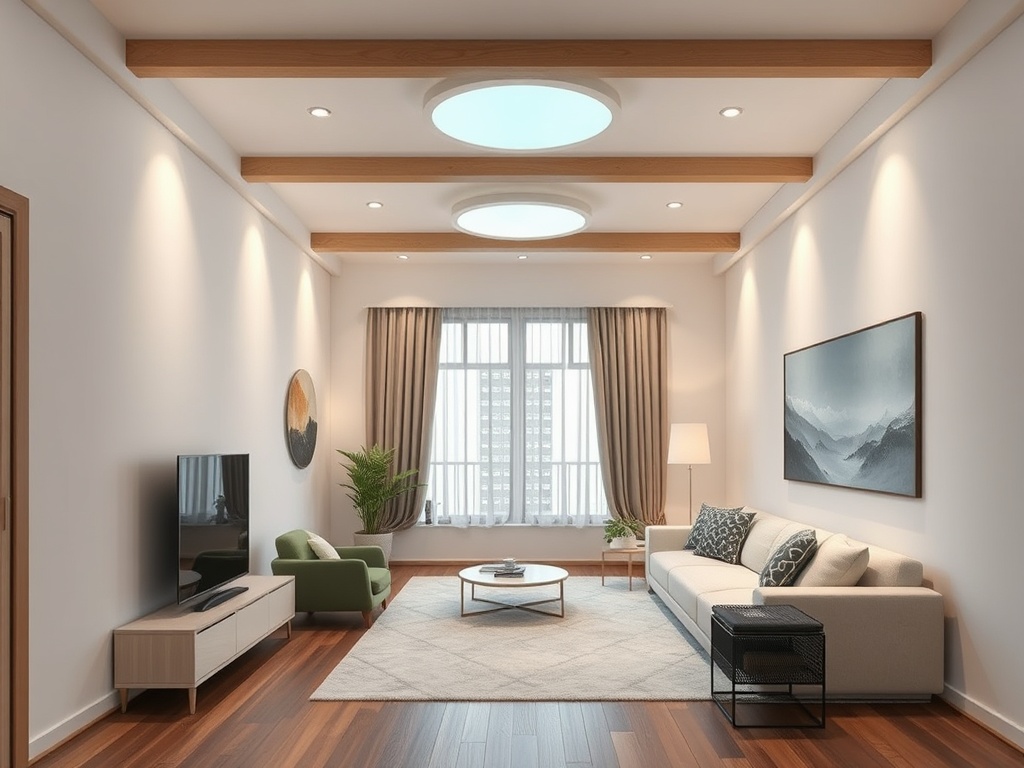 Современная светлая гостиная с мягкой мебелью, телевизором и красивыми окнами, оформленная в нейтральных тонах.