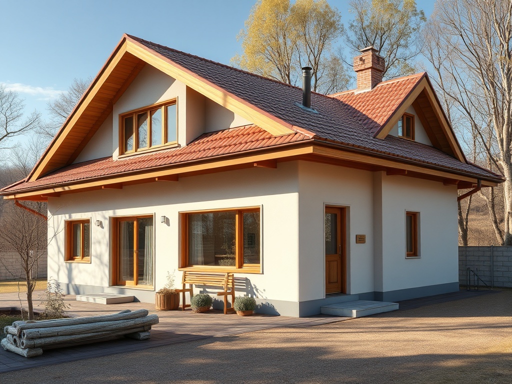 Современный дом с мансардой, большими окнами и уютным крыльцом на фоне природы.