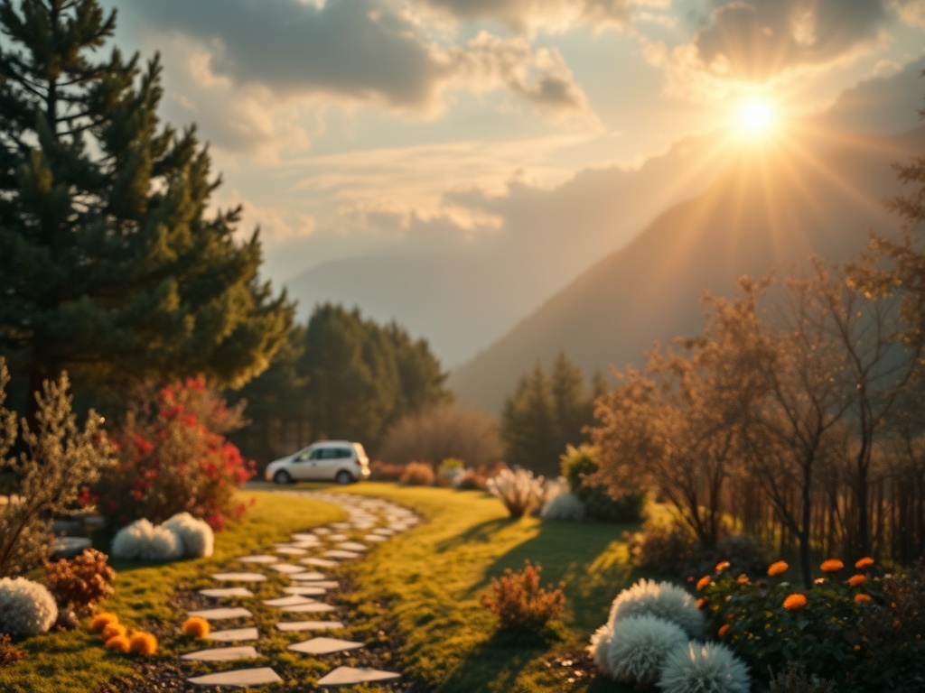 Светлый ландшафт с дорожкой из камней, автомобилем и цветами на фоне гор на закате.