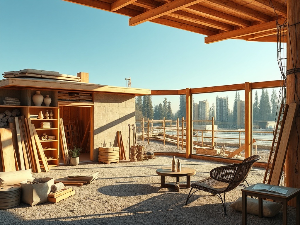 Просторное помещение с деревянными полками, строительными материалами и видом на город и природу.