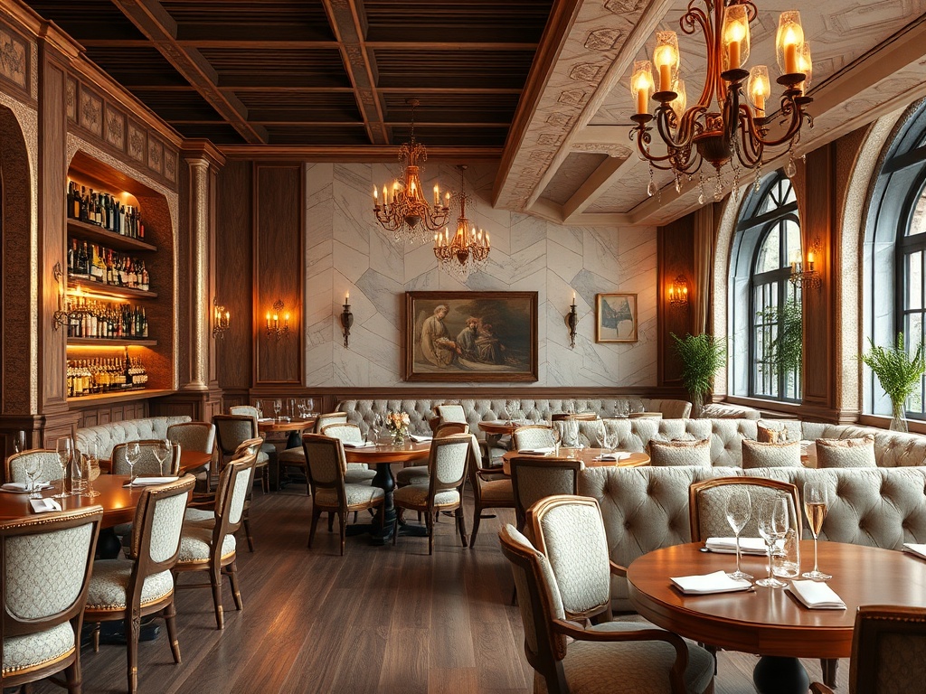 Элегантный ресторан с уютной атмосферой, мягкими диванами и изысканным интерьером. Спокойное освещение.