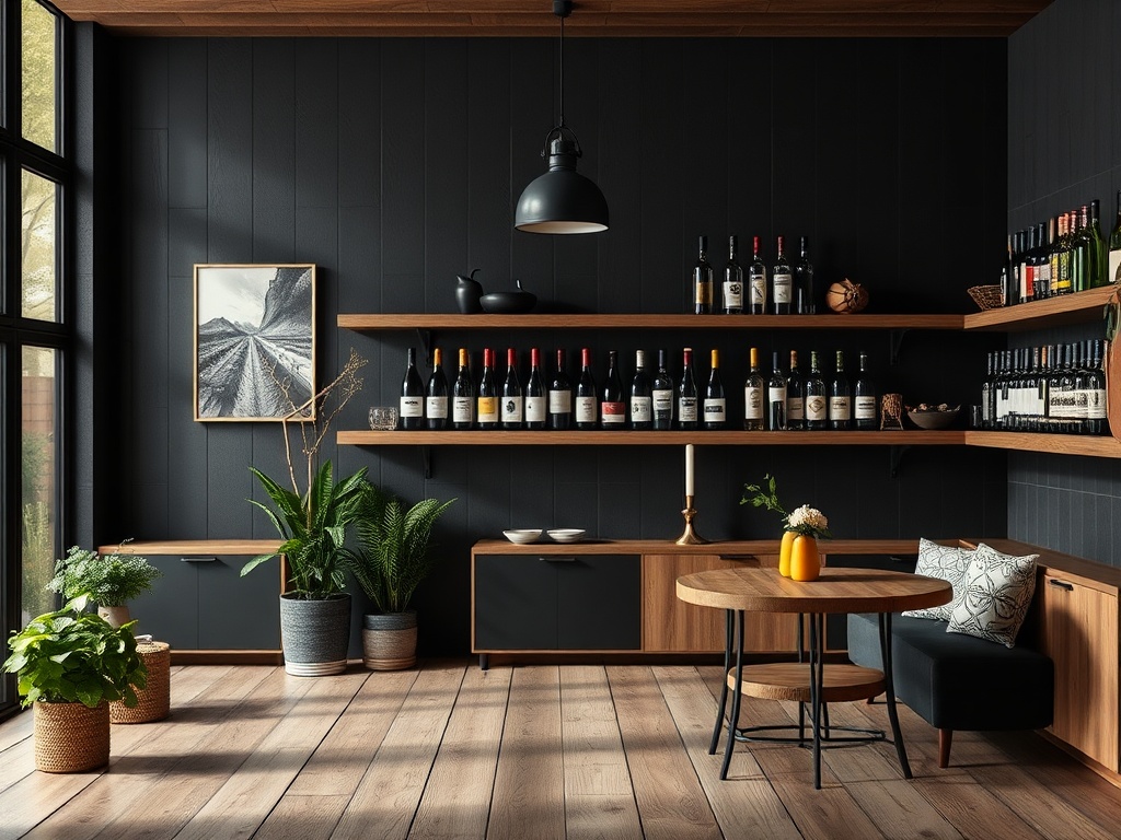Современный интерьеры с полками для вина, растениями и уютной мебелью в тёмных тонах.