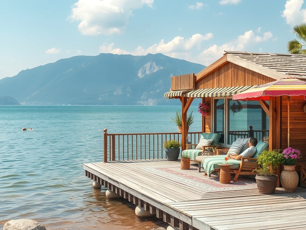 Красивая деревянная веранда у озера, горы на фоне, два человека на плаву, мягкие кресла и цветы.
