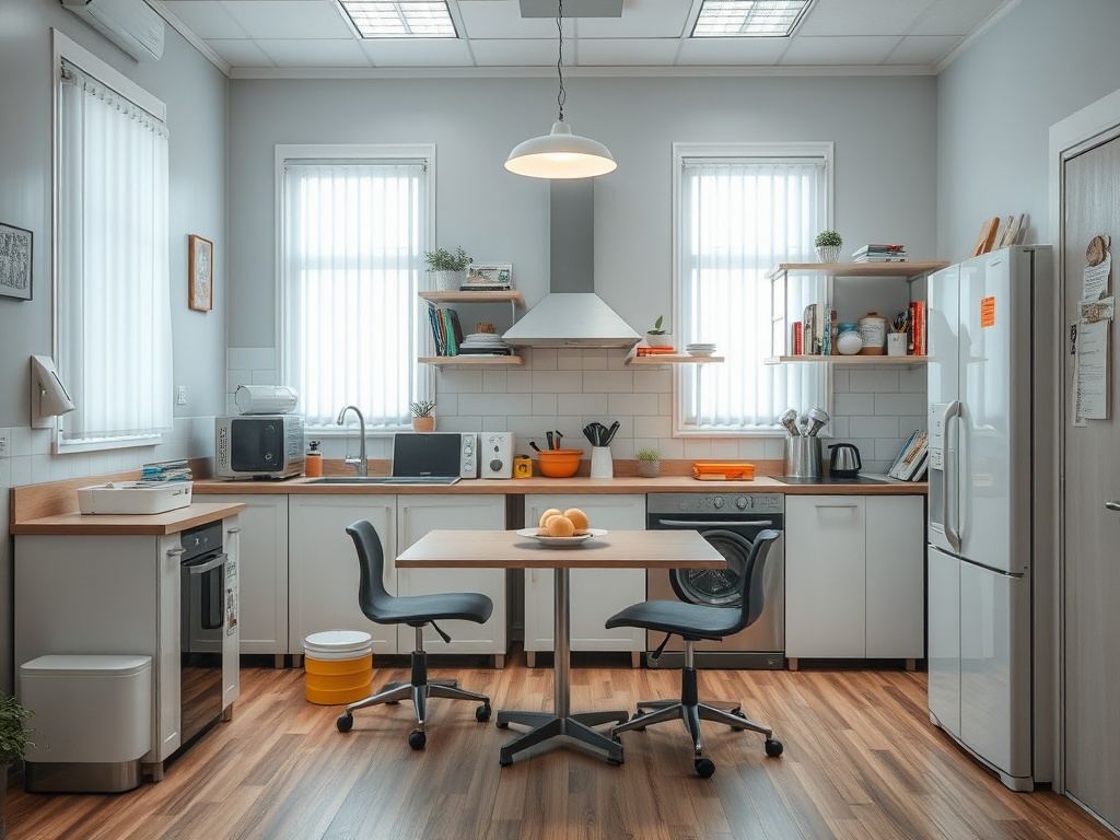 Современная кухня с белыми шкафами, столом и стульями, окнами с занавесками и бытовой техникой.