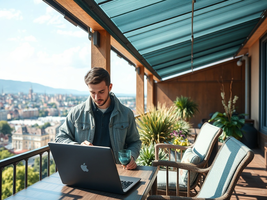 Молодой человек работает за ноутбуком на балконе с красивым видом, наслаждаясь напитком под солнечными лучами.