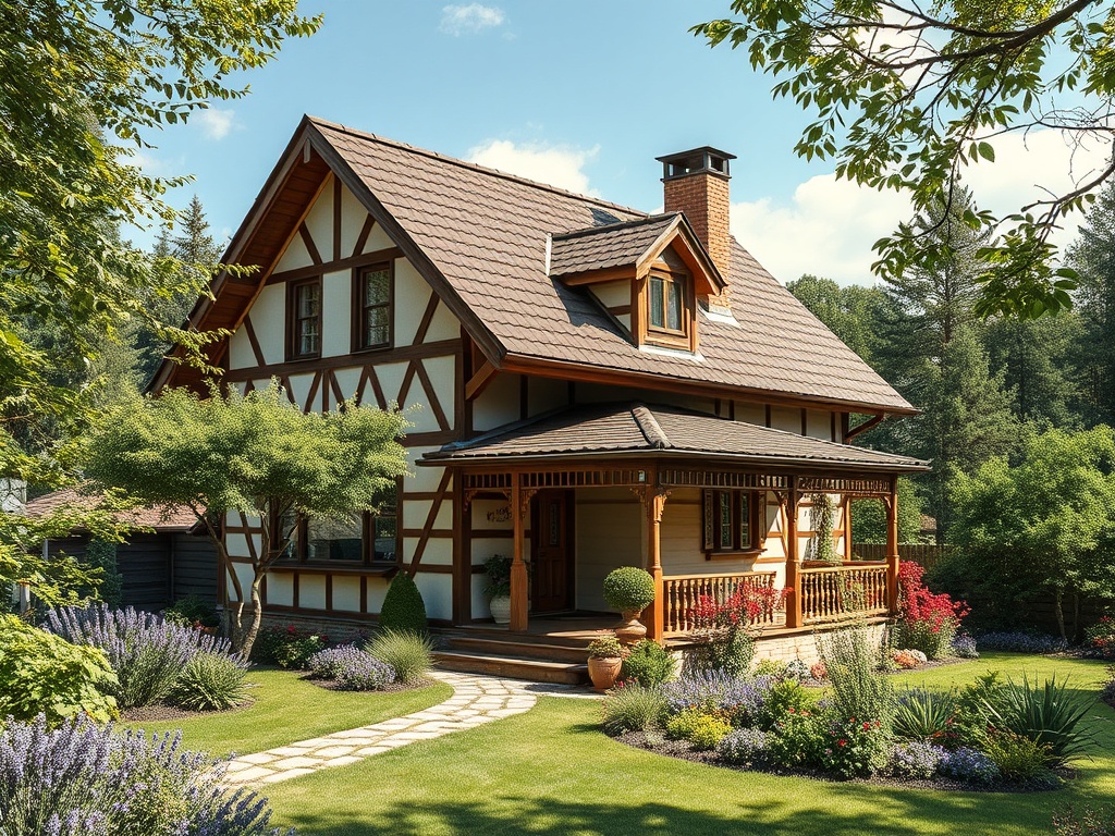 Прекрасный загородный дом с садом, окружённый зелеными деревьями и цветами под ясным небом.