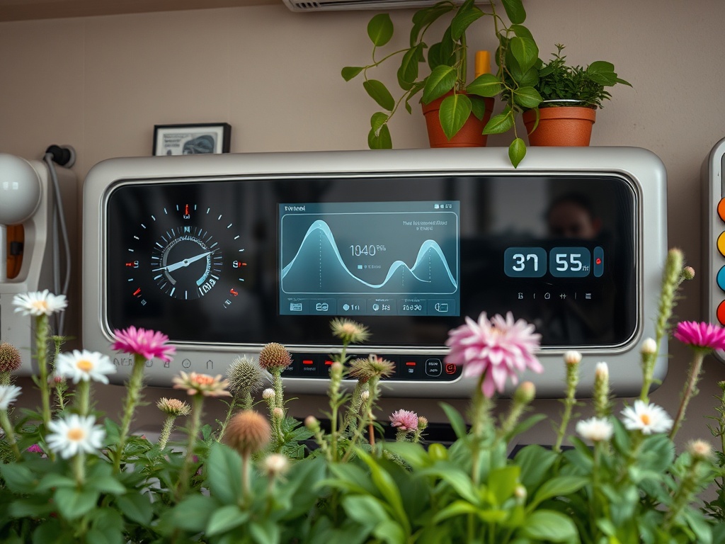 На изображении виден современный экран с показателями, окружённый цветами и растениями.