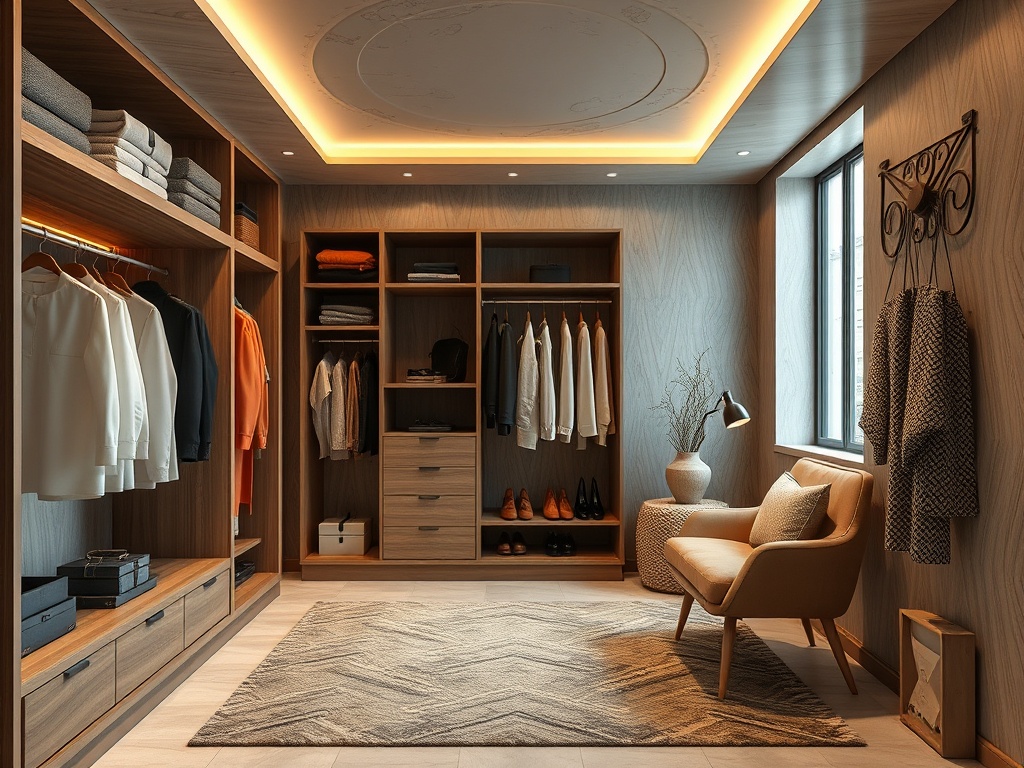 Современный гардероб с экипировкой, уютное кресло и окно, пропускающее естественный свет.