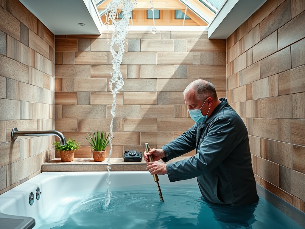 Человек в маске проверяет воду в ванной с деревянными стенами и растениями на столе.