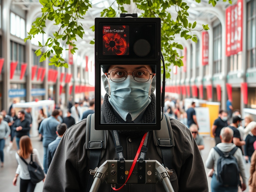 Человек в маске с камерой на груди стоит среди толпы на выставке. Зеленые листья свисают сверху.