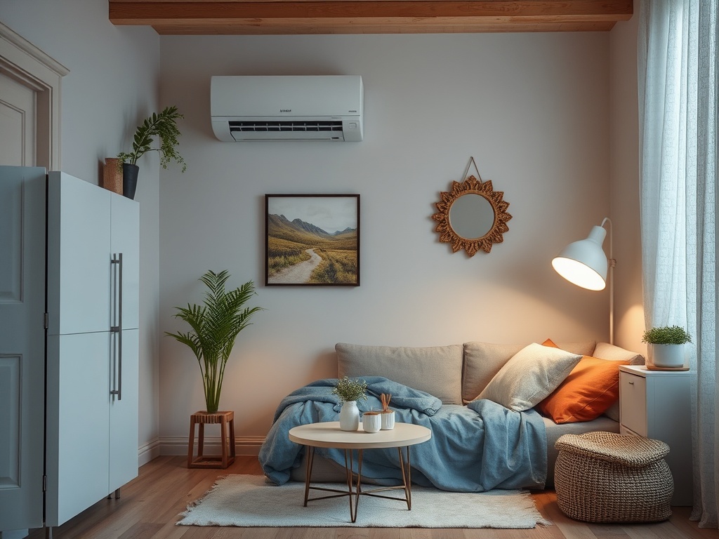 Уютная гостиная с диваном, столом, растениями и картиной на стене. Легкий свет и тёплые оттенки.