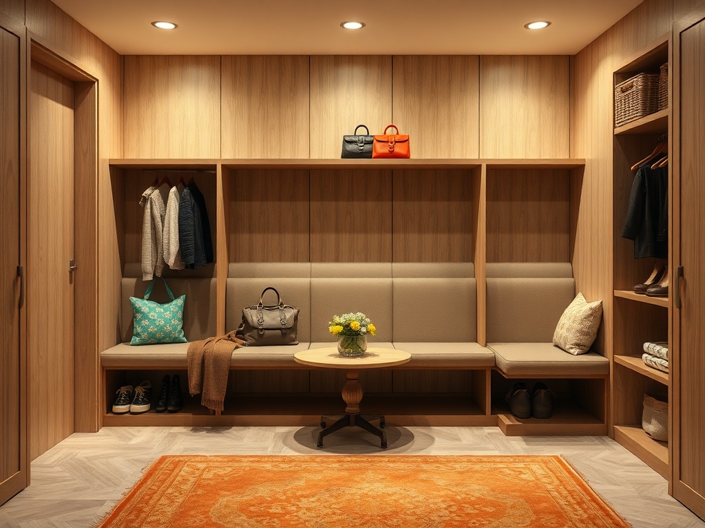 Современный коридор с гардеробом, удобной скамейкой и стеллажами в теплых тонах. Цветы на столе.