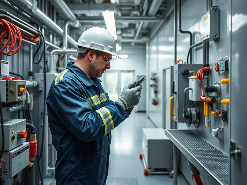 Работник в защитной одежде смотрит на телефон в заводском помещении с электрическими панелями.