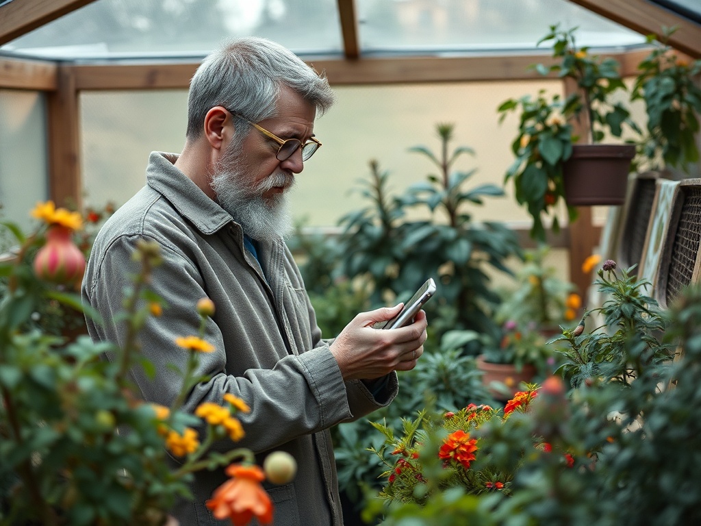 Пожилой мужчина в теплице, используя телефон среди цветущих растений.