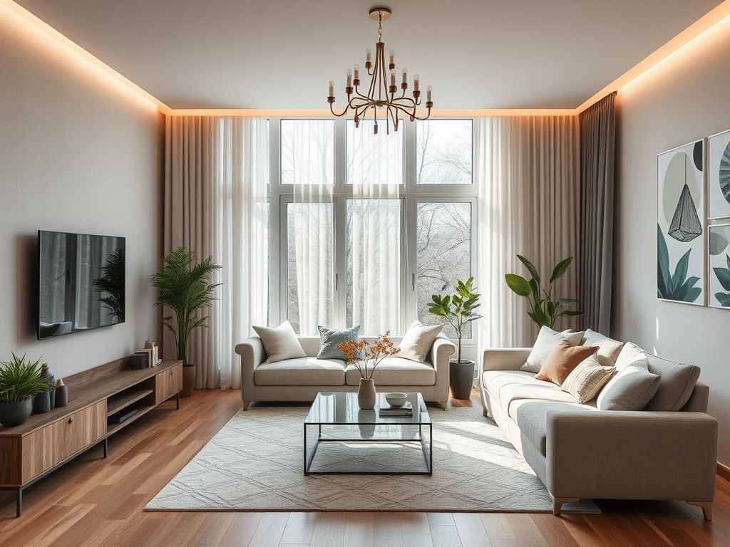 Современная гостиная с уютной мебелью, большими окнами и декоративными растениями. Теплый оттенок света.