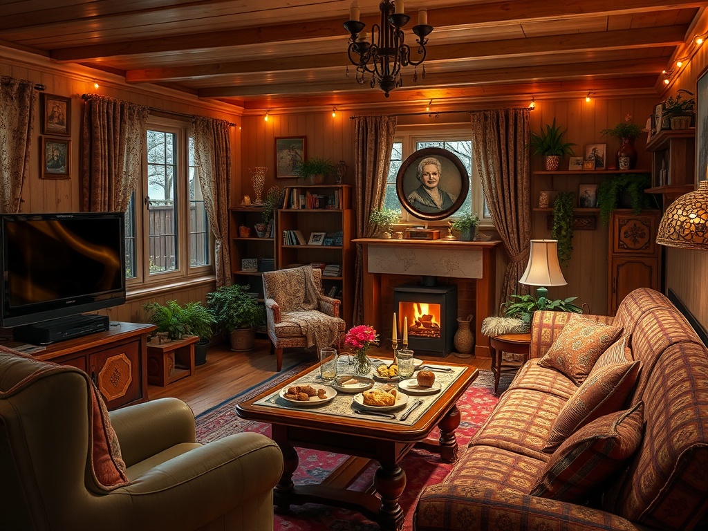 Уютная гостиная с мягкой мебелью, камином и высокими окнами, оформленная в теплых тонах.