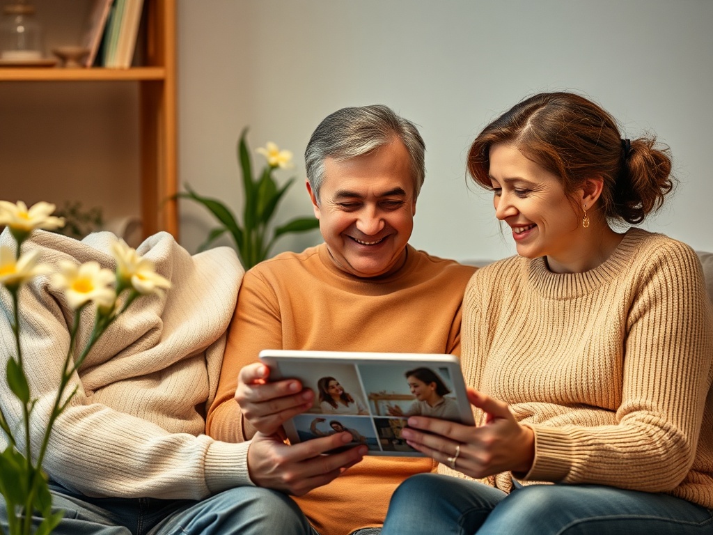 Счастливая пара смотрит на устройство, окружённые цветами и уютной атмосферой.