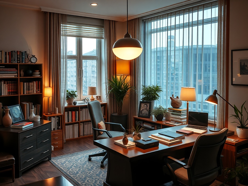 Современный офис с большим окном, столом, книгами и растениями, создающими уютную атмосферу.