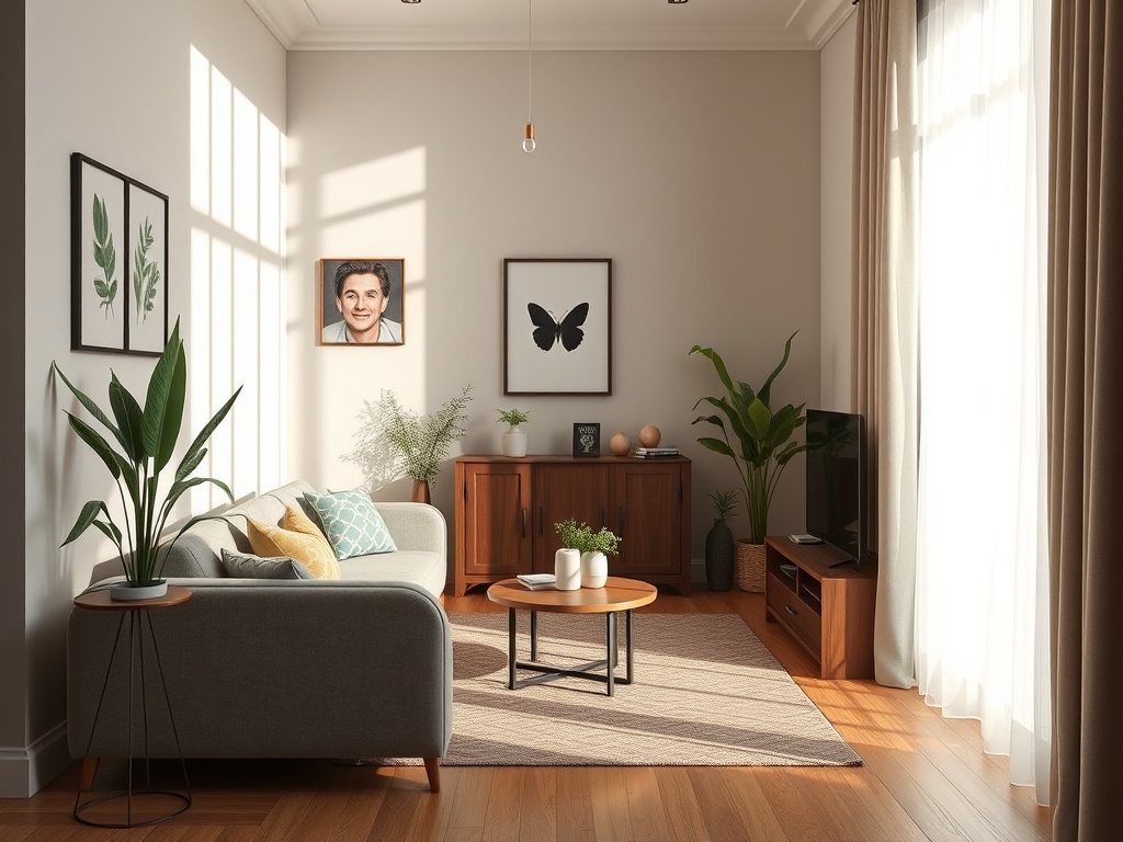 Светлое, современное гостиное пространство с диваном, растениями и картинами на стенах.