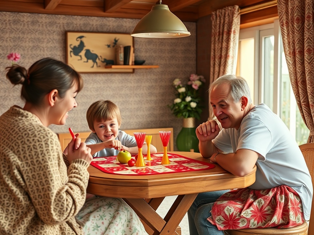 Семья играет за столом: мама, малыш и дедушка смеются и наслаждаются общением в уютной атмосфере.