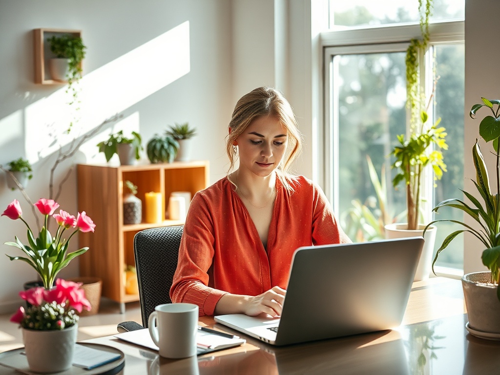 Женщина в красной блузке работает за ноутбуком, окружённая растениями и уютным светом.