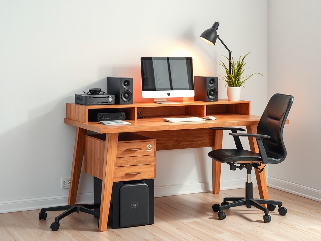 Современный офисный стол из дерева, компьютер, колонки и стул в светлом помещении с растением на столе.